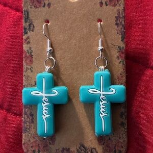 Turquoise Cross and Jesus Script Earrings
